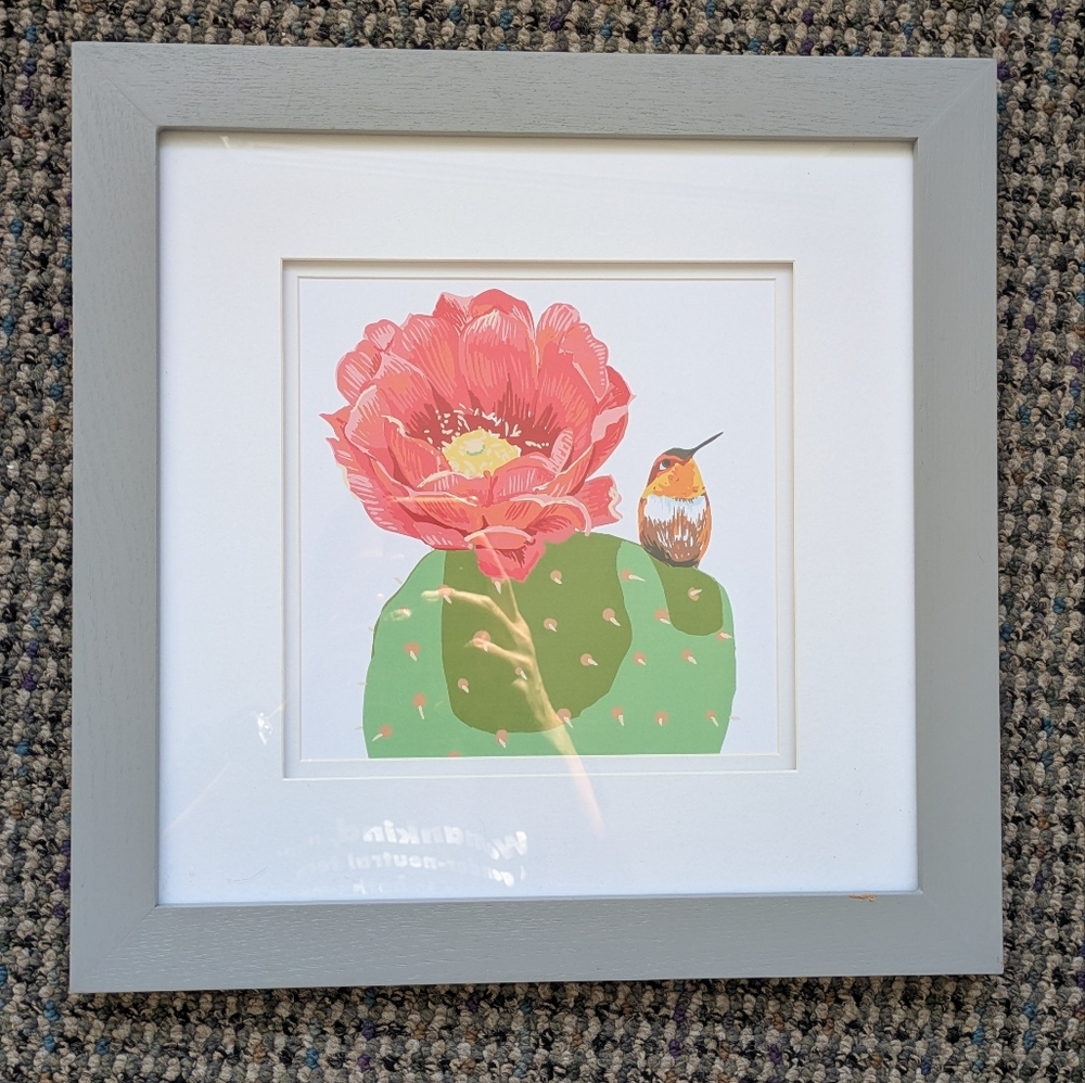 Framed Cactus Bloom Print with Hummingbird Art - Coral & Green